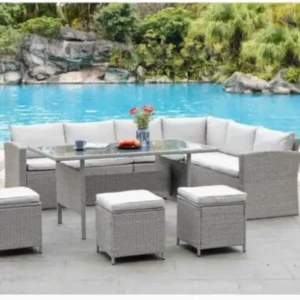 SOLEDAD – Salon de jardin canapé d’angle en résine tressée 8 personnes – Gris