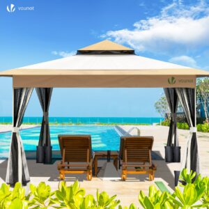 VOUNOT Tonnelle De Jardin Exterieure Pliable Avec Moustiquaire Pop Up 3.6x3.6m Beige