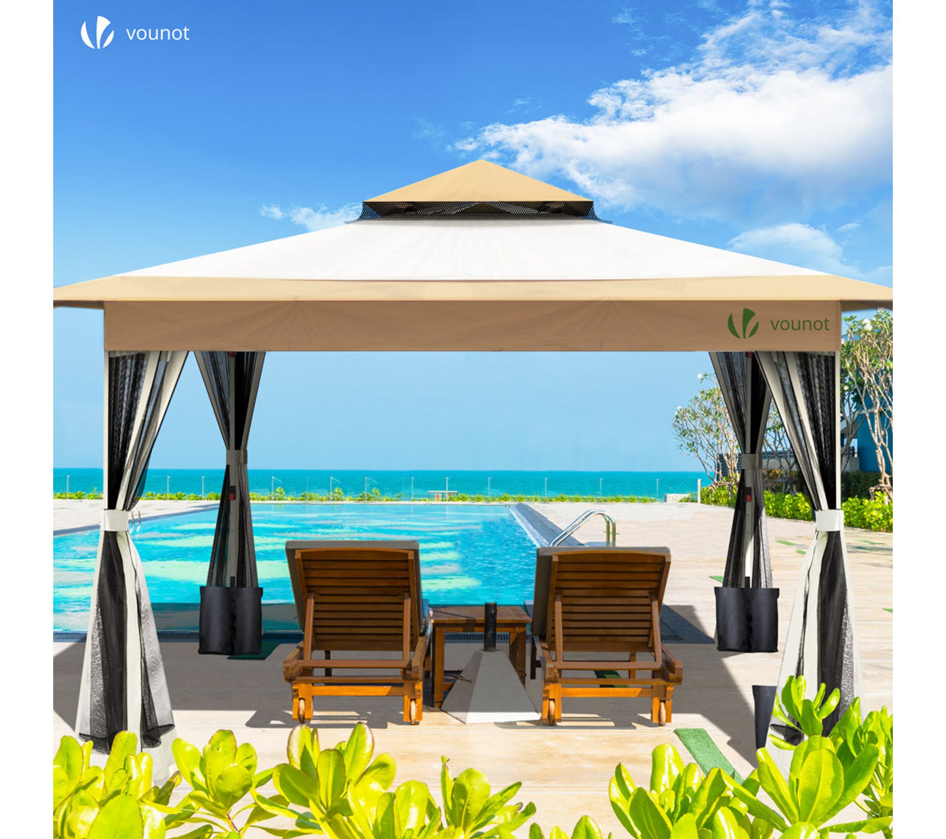 VOUNOT Tonnelle De Jardin Exterieure Pliable Avec Moustiquaire Pop Up 3.6x3.6m Beige