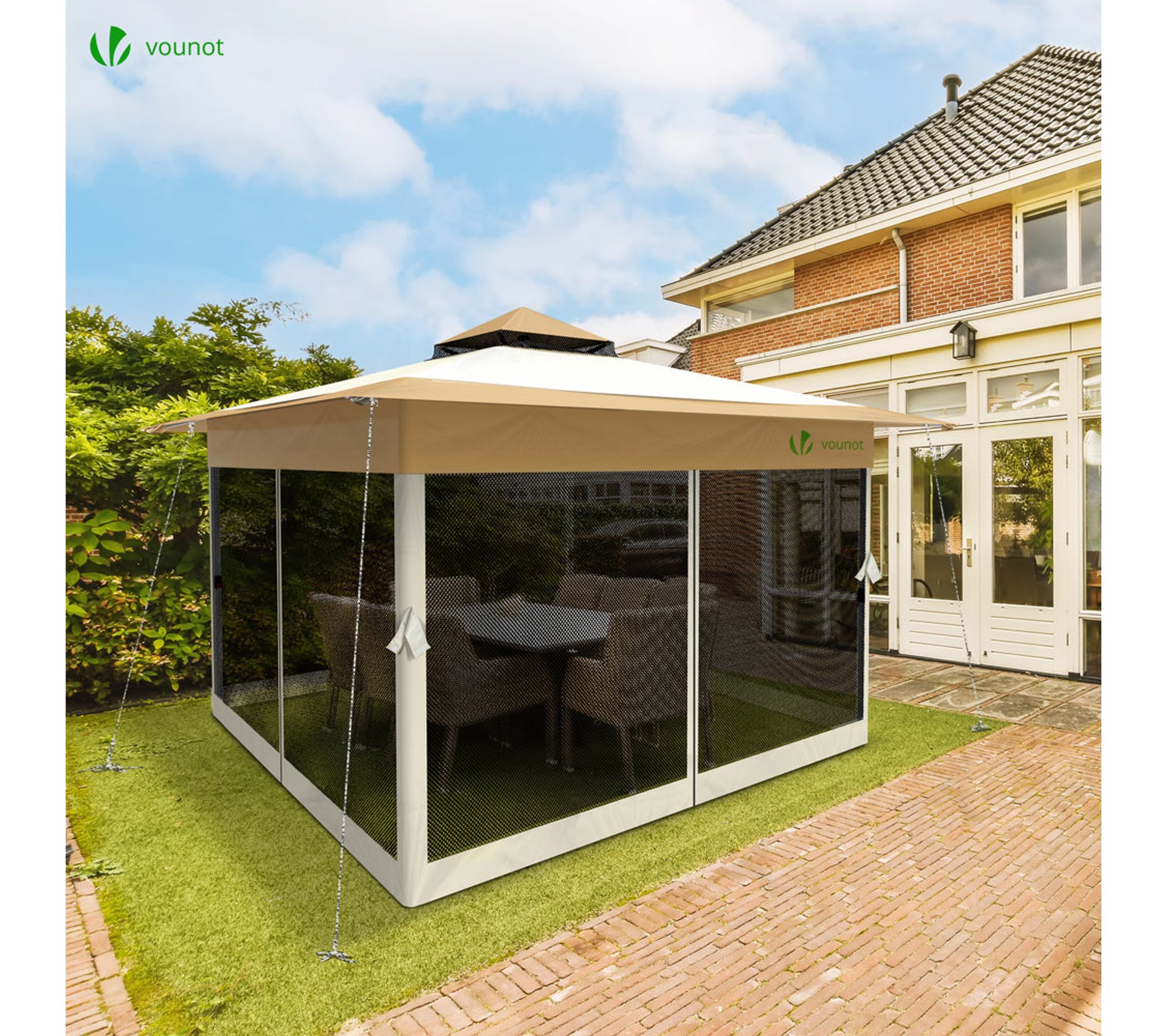VOUNOT Tonnelle De Jardin Exterieure Pliable Avec Moustiquaire Pop Up 3.6x3.6m Beige – Image 2
