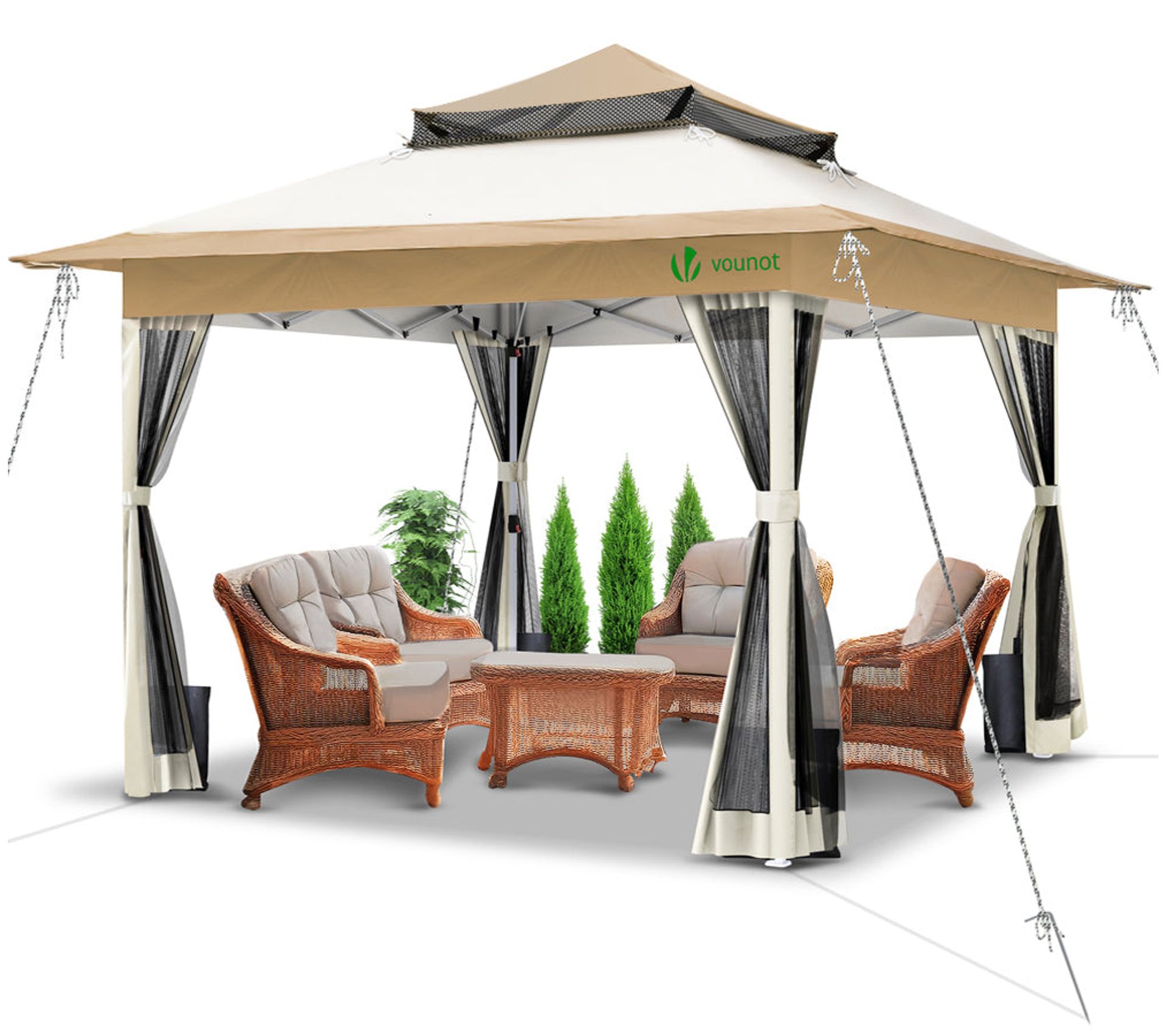 VOUNOT Tonnelle De Jardin Exterieure Pliable Avec Moustiquaire Pop Up 3.6x3.6m Beige – Image 3