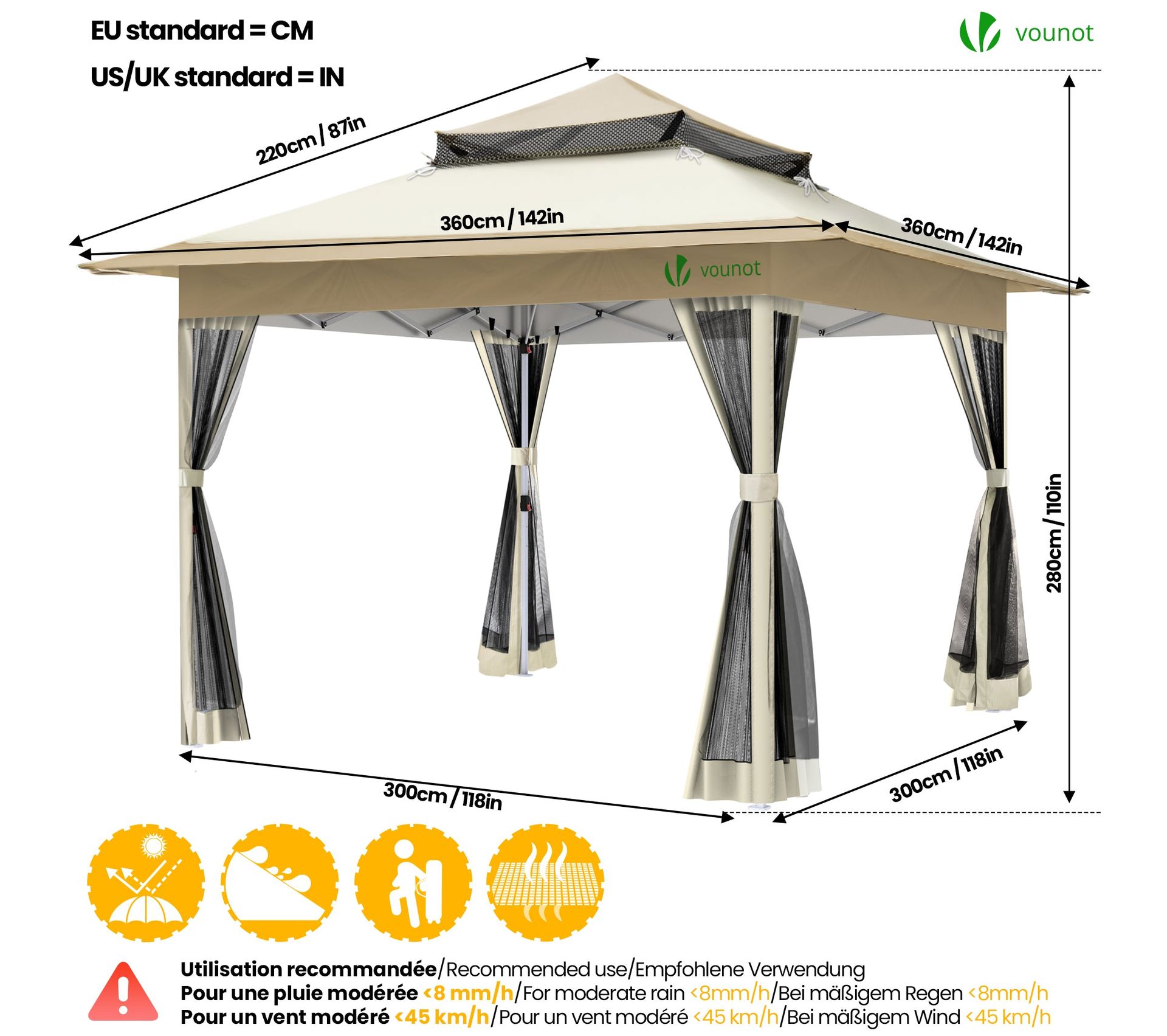 VOUNOT Tonnelle De Jardin Exterieure Pliable Avec Moustiquaire Pop Up 3.6x3.6m Beige – Image 4